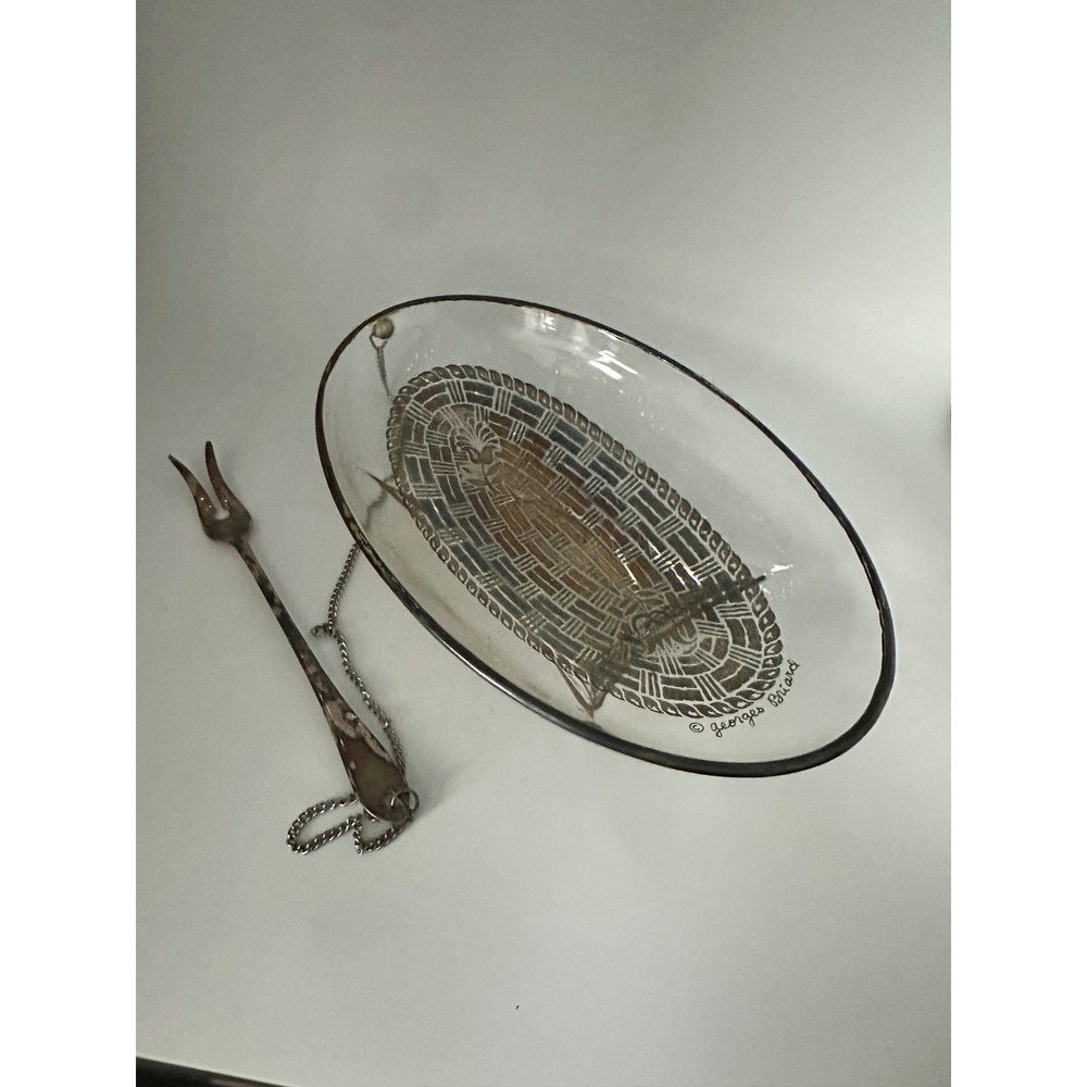 Georges Briard Vintage MCM Glass Olive Pickle Dish w/ Chained Silver Plate Fork